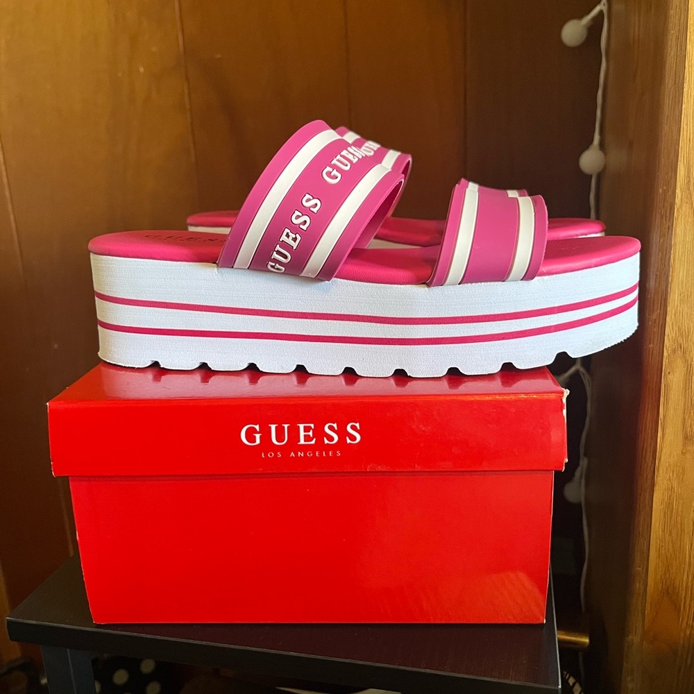 Guess Pink and White Striped Platform Sandals